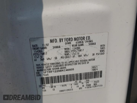 2008 Ford F-150 XL with VIN 1FTRF12298KC46605, listed as a Copart auction lot 58701355 with 200,777 mi miles and Salvage title. Bid and sale history available at DreamBid. Image 14.