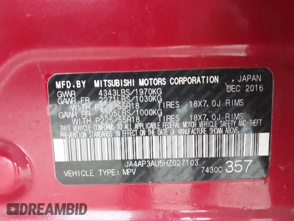 2017 Mitsubishi Outlander ES z VIN JA4AP3AU5HZ027103, wystawiony jako IAAI lot #42125465 z przebiegiem 78 311 mil mil oraz . Historia ofert i sprzedaży dostępna na DreamBid. Obrazek 9.