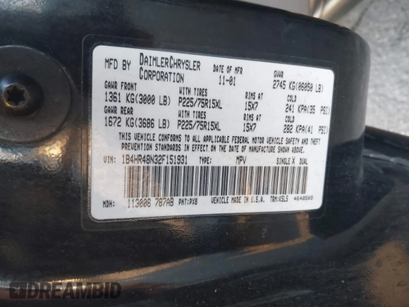 2002 Dodge Durango z VIN 1B4HR48N32F151931, wystawiony jako IAAI lot #41760061 z przebiegiem Nie podano mil oraz . Historia ofert i sprzedaży dostępna na DreamBid. Obrazek 9.