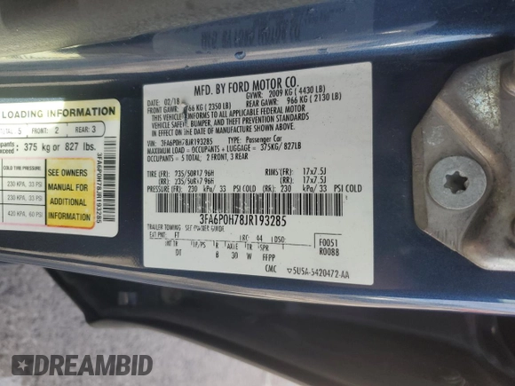 2018 Ford Fusion SE z VIN 3FA6P0H78JR193285, wystawiony jako Copart lot #53295895 z przebiegiem 150 784 mil mil oraz Szkoda całkowita • Salvage title. Historia ofert i sprzedaży dostępna na DreamBid. Obrazek 14.