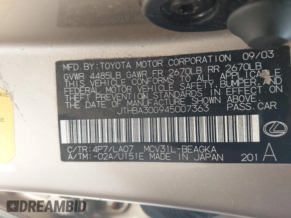 2004 Lexus ES 350 with VIN JTHBA30G945007363, listed as a IAAI auction lot 42203632 with 252,355 mi miles and . Bid and sale history available at DreamBid. Image 9.