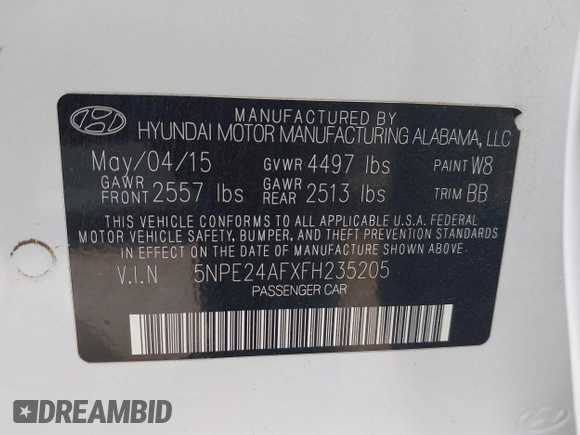 2015 Hyundai Sonata SE z VIN 5NPE24AFXFH235205, wystawiony jako IAAI lot #41596454 z przebiegiem 66 461 mil mil oraz . Historia ofert i sprzedaży dostępna na DreamBid. Obrazek 9.