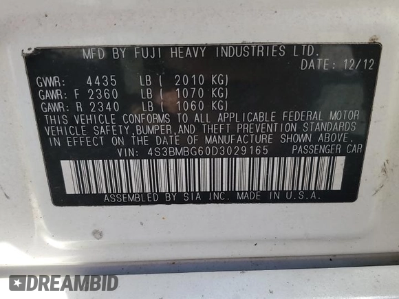 2013 Subaru Legacy Premium with VIN 4S3BMBG60D3029165, listed as a Copart auction lot 49253845 with 202,819 mi miles and Salvage Title. Bid and sale history available at DreamBid. Image 12.