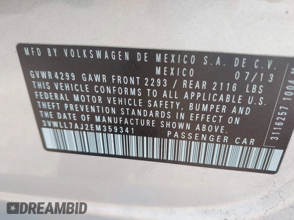2014 Volkswagen Jetta TDI w/Premium with VIN 3VWLL7AJ2EM359341, listed as a IAAI auction lot 42030959 with 74,273 mi miles and . Bid and sale history available at DreamBid. Image 9.