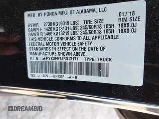 2018 Honda Ridgeline RTL-T with VIN 5FPYK3F67JB013171, listed as a IAAI auction lot 42498827 with 124,415 mi miles and . Bid and sale history available at DreamBid. Image 9.