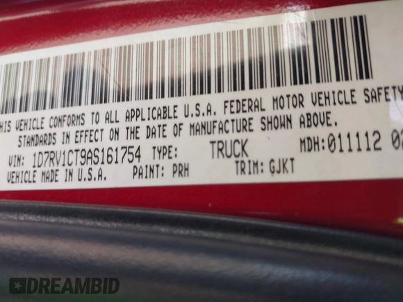 2010 Dodge 1500 SLT with VIN 1D7RV1CT9AS161754, listed as a IAAI auction lot 41814920 with 160,682 mi miles and . Bid and sale history available at DreamBid. Image 9.