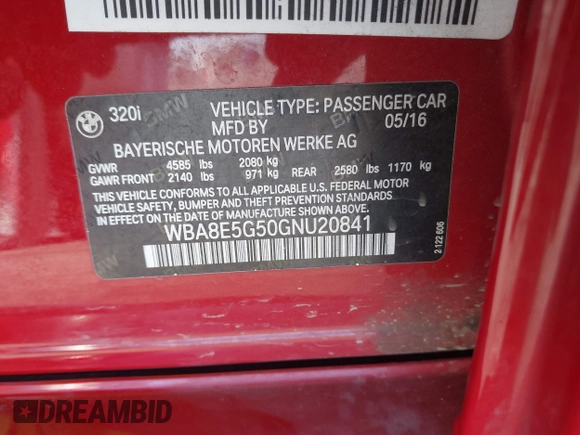 2016 BMW 3 Series 320i xDrive с VIN WBA8E5G50GNU20841, выставлен на аукционе IAAI как лот 41684968 с пробегом 118 058 миль миль и . История ставок и продаж доступна на DreamBid. Изображение 9.