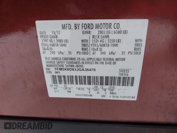 2018 Ford Explorer XLT with VIN 1FM5K8D83JGA36476, listed as a IAAI auction lot 41606691 with 94,190 mi miles and . Bid and sale history available at carsss.com. Image 9.