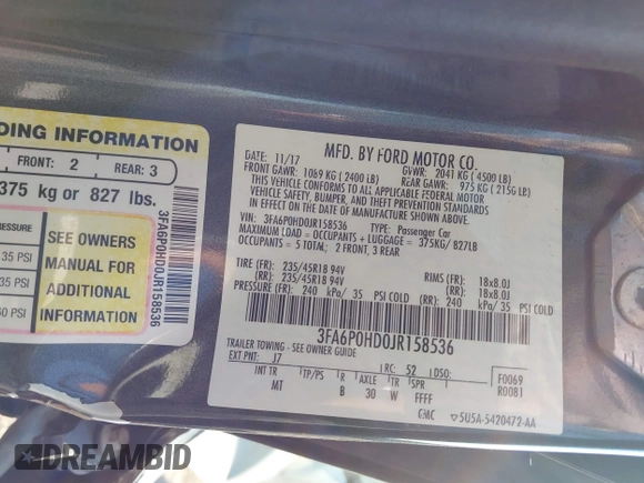2018 Ford Fusion SE with VIN 3FA6P0HD0JR158536, listed as a IAAI auction lot 41695179 with 114,815 mi miles. Bid and sale history available at carsss.com. Image 9.