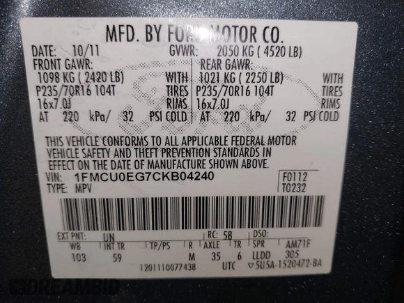 2012 Ford Escape Limited with VIN 1FMCU0EG7CKB04240, listed as a IAAI auction lot 42017734 with 157,118 mi miles. Bid and sale history available at carsss.com. Image 9.