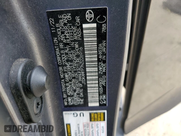 2022 Toyota Prius LE with VIN JTDKAMFP7N3226916, listed as a Copart auction lot 59360745 with 117,630 mi miles and Salvage title. Bid and sale history available at DreamBid. Image 12.