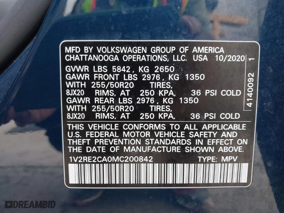 2021 Volkswagen Atlas Cross Sport 3.6L V6 SE w/Technology R-Line with VIN 1V2RE2CA0MC200842, listed as a IAAI auction lot 41689870 with 61,298 mi miles. Bid and sale history available at carsss.com. Image 9.