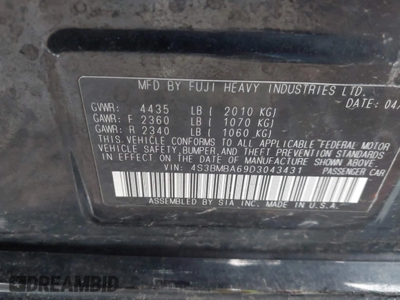 2013 Subaru Legacy 2.5i with VIN 4S3BMBA69D3043431, listed as a IAAI auction lot 41736287 with 89,881 mi miles and . Bid and sale history available at DreamBid. Image 9.