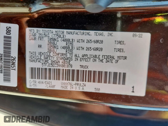 2022 Toyota Tundra Limited Hybrid with VIN 5TFJC5EC3NX001878, listed as a Copart auction lot 64201395 with 24,607 mi miles and Clean title. Bid and sale history available at DreamBid. Image 12.