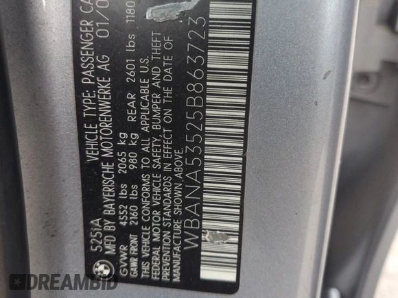2005 BMW 5 Series 525i with VIN WBANA53525B863723, listed as a Copart auction lot 61230645 with 209,294 mi miles and Salvage title. Bid and sale history available at DreamBid. Image 12.