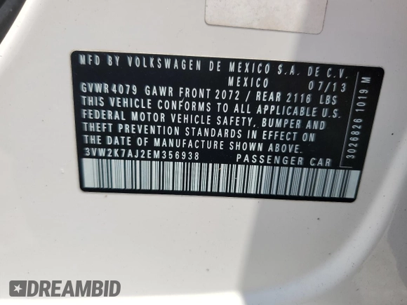 2014 Volkswagen Jetta S with VIN 3VW2K7AJ2EM356938, listed as a Copart auction lot 64009265 with 159,636 mi miles and Clean title. Bid and sale history available at DreamBid. Image 12.