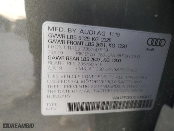 2020 Audi Q3 S line Premium Plus with VIN WA1EECF37L1040417, listed as a Copart auction lot 83485794 with 36,833 mi miles and Salvage Title. Bid and sale history available at carsss.com. Image 14.