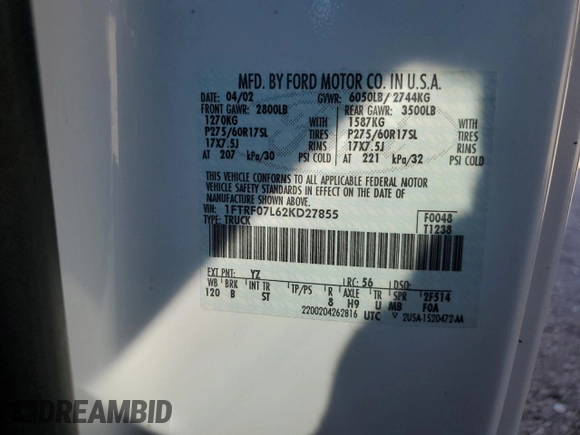2002 Ford F-150 XL with VIN 1FTRF07L62KD27855, listed as a Copart auction lot 60939935 with Not provided miles and Salvage title. Bid and sale history available at DreamBid. Image 12.