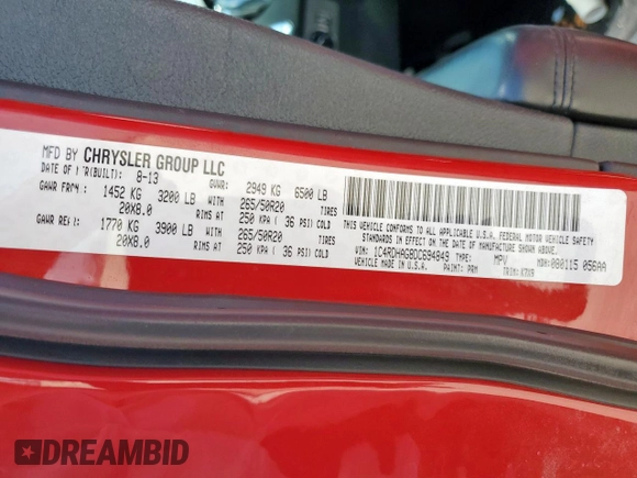 2013 Dodge Durango SXT with VIN 1C4RDHAG8DC694849, listed as a Copart auction lot 61415165 with 92,536 mi miles and Salvage title. Bid and sale history available at DreamBid. Image 14.