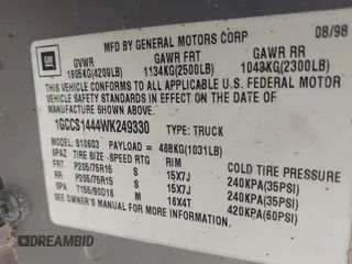 1998 Chevrolet S-10 with VIN 1GCCS1444WK249330, listed as a IAAI auction lot 41092372 with 1 mi miles. Bid and sale history available at carsss.com. Image 9.
