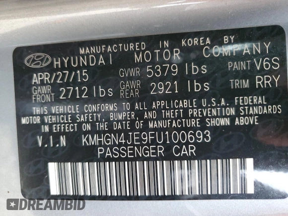 2015 Hyundai Genesis 3.8L with VIN KMHGN4JE9FU100693, listed as a Copart auction lot 81170334 with 128,109 mi miles and Salvage Title. Bid and sale history available at DreamBid. Image 14.