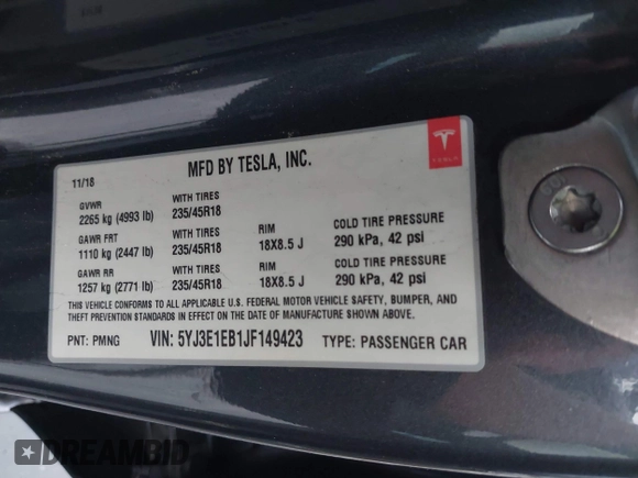 2018 Tesla Model 3 Long Range Battery with VIN 5YJ3E1EB1JF149423, listed as a IAAI auction lot 41896090 with 158,787 mi miles and . Bid and sale history available at DreamBid. Image 9.