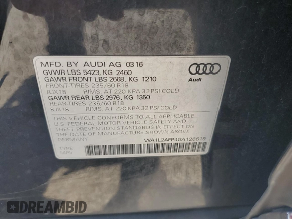2016 Audi Q5 Premium Plus with VIN WA1L2AFP4GA126619, listed as a Copart auction lot 62185165 with 161,555 mi miles and Salvage title. Bid and sale history available at DreamBid. Image 13.