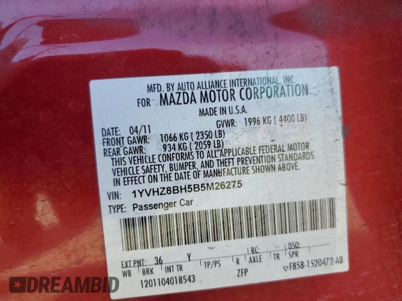 2011 Mazda 6 i Sport with VIN 1YVHZ8BH5B5M26275, listed as a Copart auction lot 54894645 with 99,445 mi miles and Salvage title. Bid and sale history available at DreamBid. Image 12.