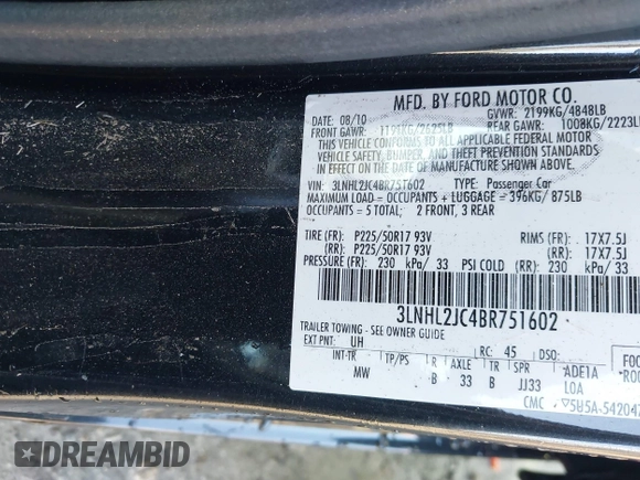 2011 Lincoln MKZ with VIN 3LNHL2JC4BR751602, listed as a IAAI auction lot 41784461 with 212,401 mi miles and . Bid and sale history available at DreamBid. Image 9.