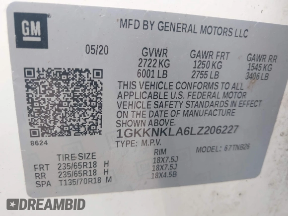2020 GMC Acadia SLE with VIN 1GKKNKLA6LZ206227, listed as a IAAI auction lot 40414067 with 96,020 mi miles and . Bid and sale history available at carsss.com. Image 9.
