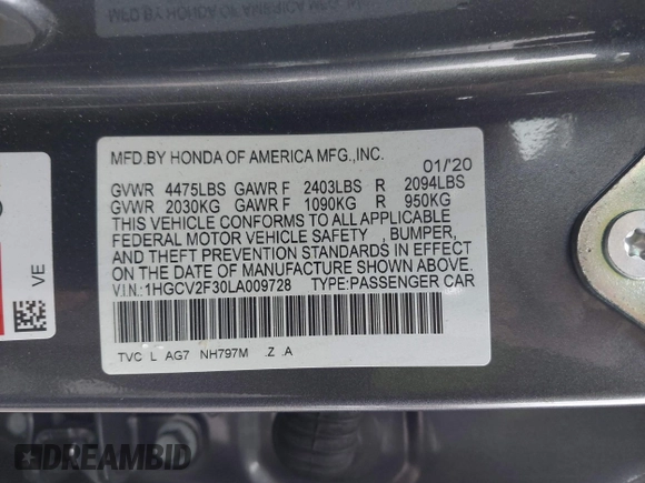 2020 Honda Accord Sport with VIN 1HGCV2F30LA009728, listed as a IAAI auction lot 41893750 with Not provided miles and . Bid and sale history available at DreamBid. Image 9.