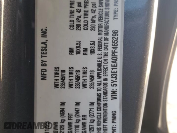 2023 Tesla Model 3 with VIN 5YJ3E1EA0PF465296, listed as a Copart auction lot 75868934 with 26,545 mi miles and Salvage Title. Bid and sale history available at DreamBid. Image 15.