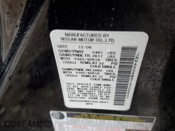 2007 Infiniti FX35 with VIN JNRAS08W97X208841, listed as a Copart auction lot 48687834 with 0 mi miles and Salvage Title. Bid and sale history available at carsss.com. Image 12.