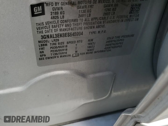 2014 Chevrolet Captiva Sport LT with VIN 3GNAL3EK8ES645994, listed as a Copart auction lot 79855134 with 114,309 mi miles and Salvage Title. Bid and sale history available at DreamBid. Image 13.