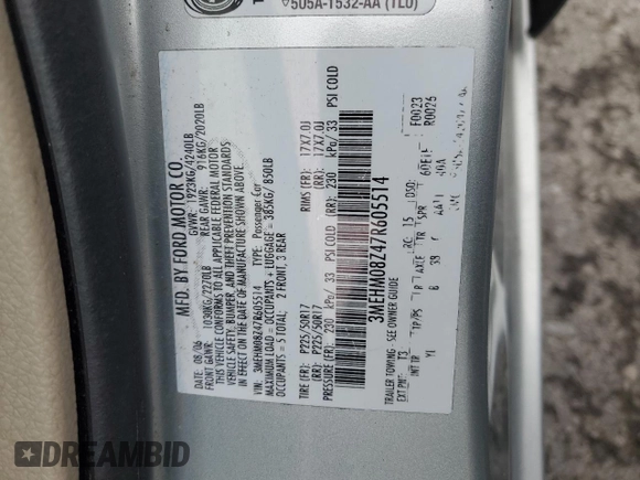 2007 Mercury Milan Premier z VIN 3MEHM08Z47R605514, wystawiony jako Copart lot #45085905 z przebiegiem 180 039 mil mil oraz Szkoda całkowita • Salvage title. Historia ofert i sprzedaży dostępna na DreamBid. Obrazek 12.