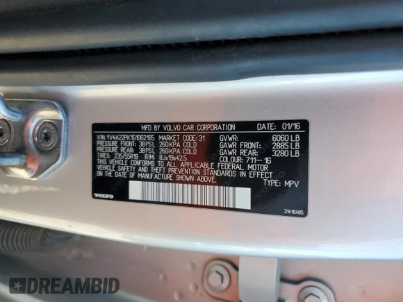 2016 Volvo XC90 T6 Momentum with VIN YV4A22PK1G1062185, listed as a Copart auction lot 53988805 with 129,571 mi miles and Salvage title. Bid and sale history available at DreamBid. Image 13.