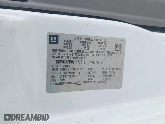 2018 Chevrolet Express Cargo Van with VIN 1GCWGAFP0J1177319, listed as a IAAI auction lot 41575100 with 132,479 mi miles. Bid and sale history available at carsss.com. Image 9.