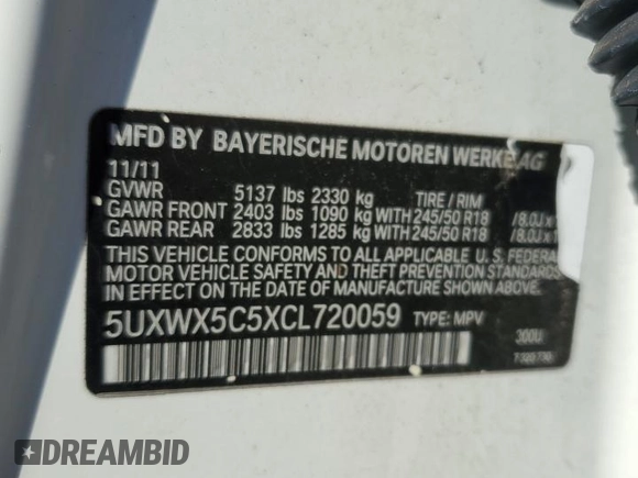 2012 BMW X3 28i with VIN 5UXWX5C5XCL720059, listed as a Copart auction lot 49326465 with 107,977 mi miles and Salvage Title. Bid and sale history available at DreamBid. Image 13.