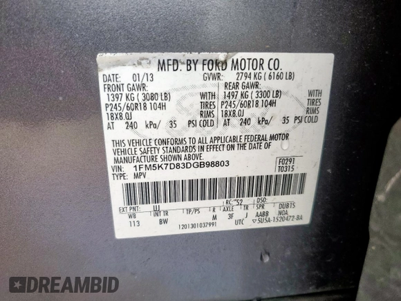 2013 Ford Explorer XLT z VIN 1FM5K7D83DGB98803, wystawiony jako Copart lot #60114395 z przebiegiem 148 767 mil mil oraz Szkoda całkowita • Salvage title. Historia ofert i sprzedaży dostępna na DreamBid. Obrazek 12.
