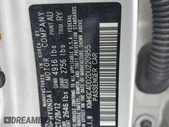 2013 Hyundai Genesis 3.8L with VIN KMHGC4DD2DU220955, listed as a Copart auction lot 55835525 with 194,165 mi miles and Salvage title. Bid and sale history available at DreamBid. Image 13.
