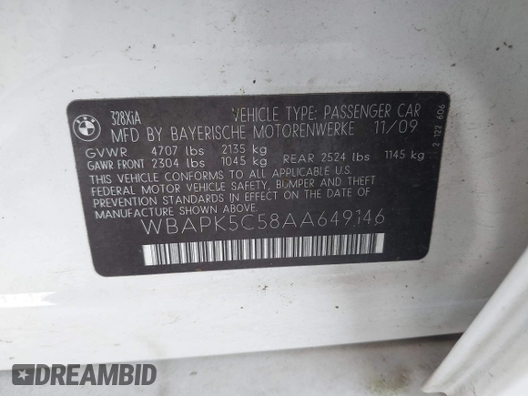 2010 BMW 3 Series 328i xDrive with VIN WBAPK5C58AA649146, listed as a IAAI auction lot 42408311 with 90,944 mi miles and . Bid and sale history available at DreamBid. Image 9.