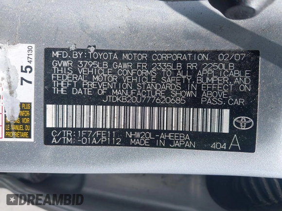 2007 Toyota Prius with VIN JTDKB20U777620685, listed as a IAAI auction lot 42095363 with 228,879 mi miles. Bid and sale history available at carsss.com. Image 9.