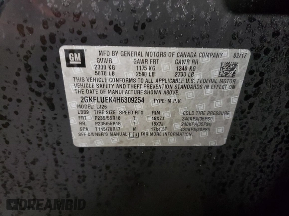 2017 GMC Terrain SLT with VIN 2GKFLUEK4H6309254, listed as a Copart auction lot 88853595 with 120,783 mi miles and Salvage Title. Bid and sale history available at DreamBid. Image 12.