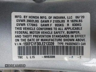2020 Honda Civic Sedan EX with VIN 19XFC1F30LE213339, listed as a IAAI auction lot 41918192 with 89,363 mi miles. Bid and sale history available at carsss.com. Image 9.
