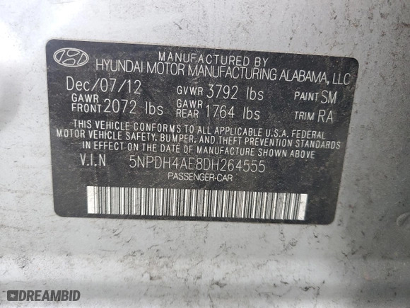 2013 Hyundai Elantra Limited PZEV with VIN 5NPDH4AE8DH264555, listed as a Copart auction lot 49464315 with 161,292 mi miles and Salvage Title. Bid and sale history available at carsss.com. Image 12.