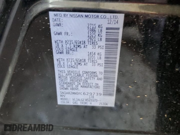 2015 Nissan Pathfinder SL z VIN 5N1AR2MN0FC629739, wystawiony jako Copart lot #59273665 z przebiegiem 140 180 mil mil oraz Szkoda całkowita • Salvage title. Historia ofert i sprzedaży dostępna na DreamBid. Obrazek 13.