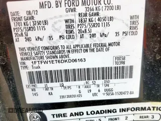 2013 Ford F-150 XL with VIN 1FTFW1ET6DKD06163, listed as a Copart auction lot 57675765 with Not provided miles and Salvage title. Bid and sale history available at DreamBid. Image 12.