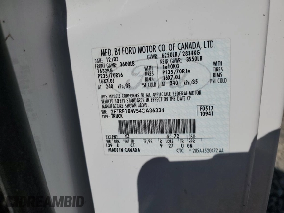 2004 Ford F-150 XL with VIN 2FTRF18W54CA36334, listed as a Copart auction lot 63464375 with 253,805 mi miles and Salvage title. Bid and sale history available at DreamBid. Image 12.