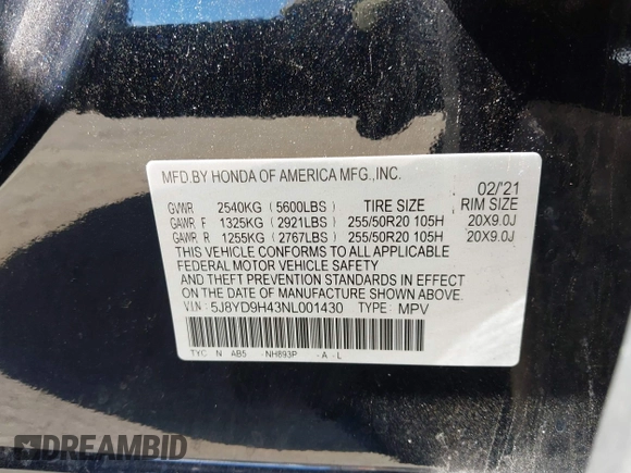 2022 Acura MDX w/Technology Package with VIN 5J8YD9H43NL001430, listed as a IAAI auction lot 41653698 with 41,751 mi miles. Bid and sale history available at carsss.com. Image 9.