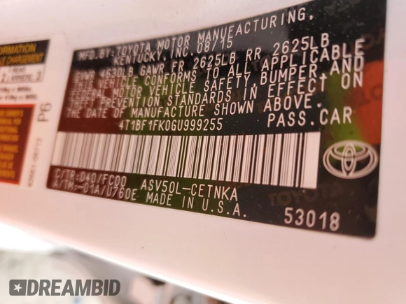 2016 Toyota Camry XLE with VIN 4T1BF1FK0GU999255, listed as a Copart auction lot 43945925 with 38,928 mi miles and Salvage Title. Bid and sale history available at DreamBid. Image 14.